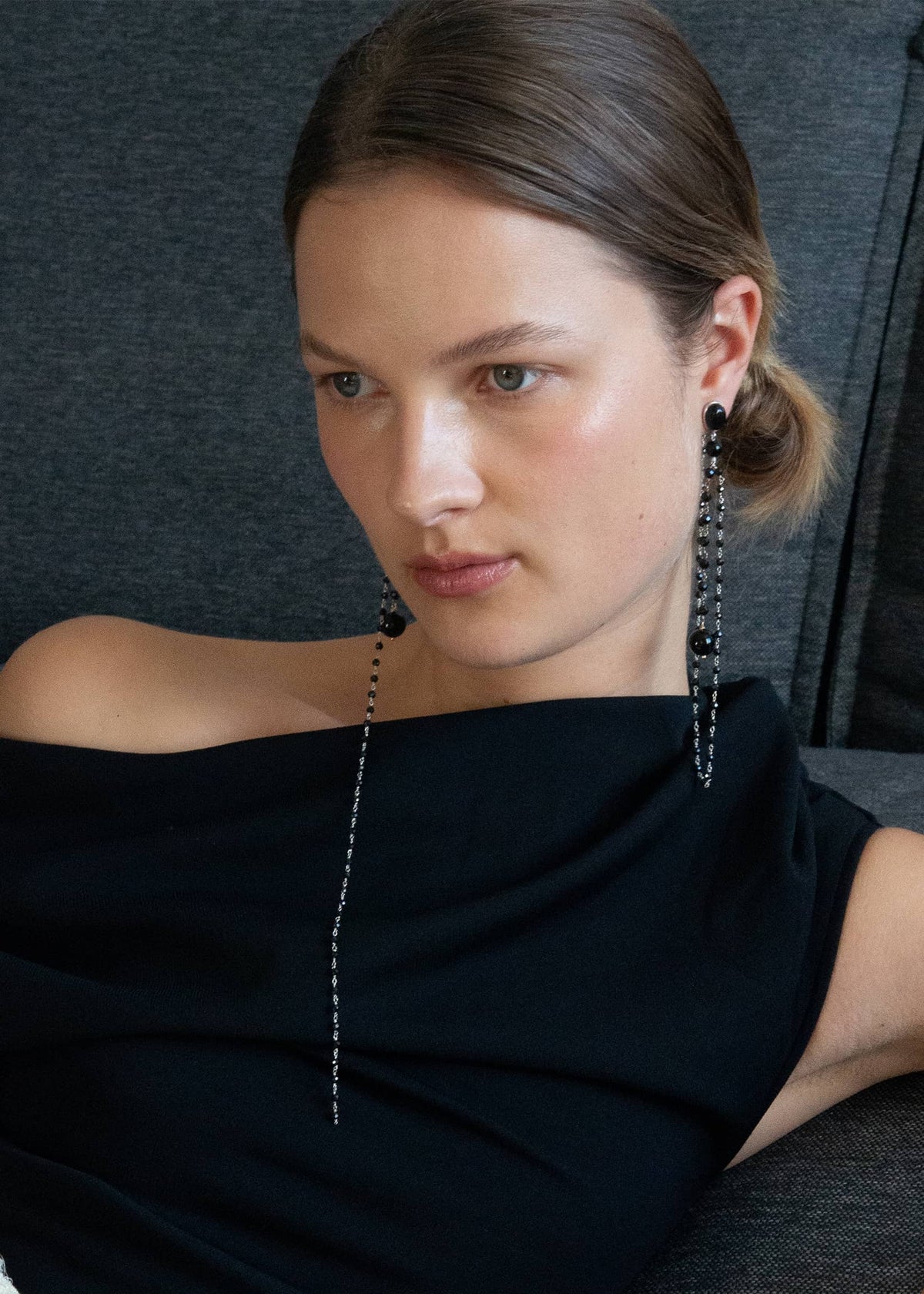 COVO handcrafted statement earrings featuring onyx semiprecious gemstones and sterling silver, designed by Mosquito.