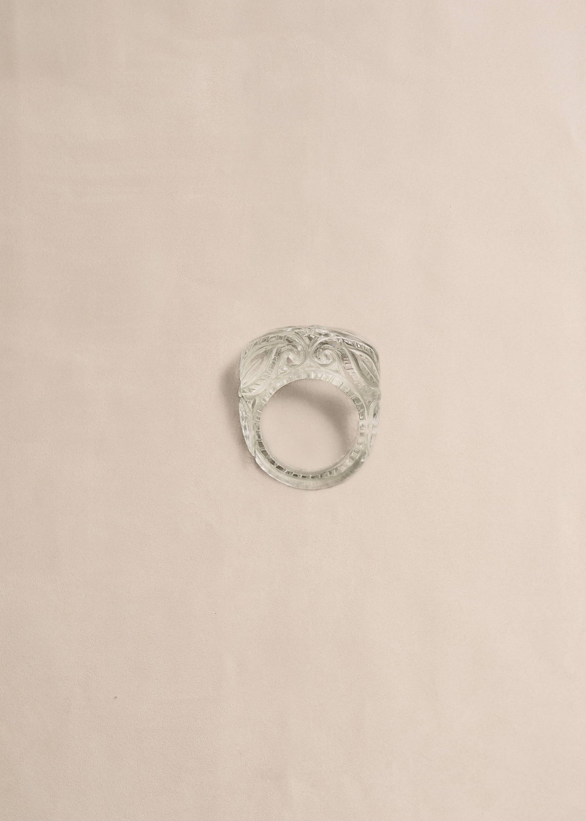 LODO handcrafted statement ring made entirely from rock crystal and finished with a hand-engraved floral motif.
