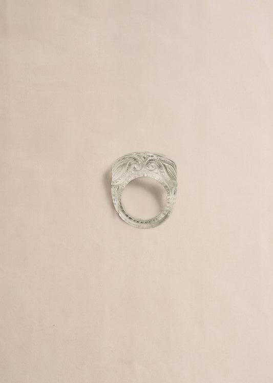 LODO handcrafted statement ring made entirely from rock crystal and finished with a hand-engraved floral motif.