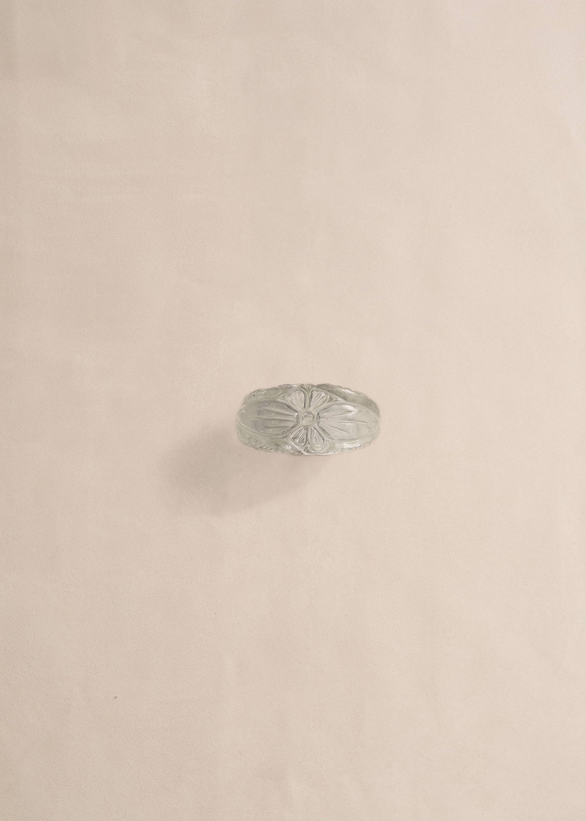 Sculptural statement ring carved from natural rock crystal and individually engraved by hand in Mosquito’s atelier.
