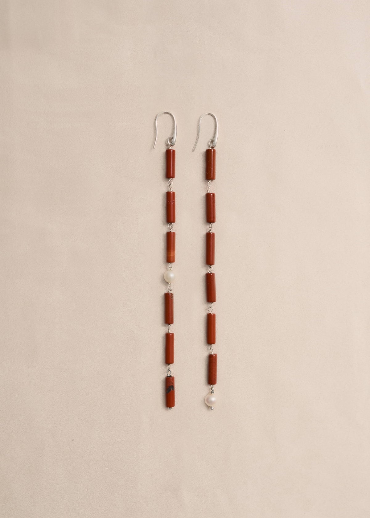 Sculptural pearl earrings combining natural jasper and sterling silver in a distinctive handcrafted design by Mosquito.