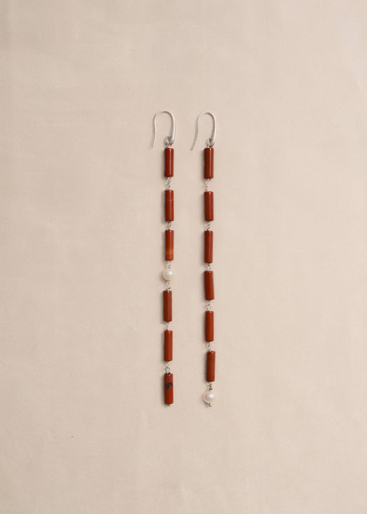 Sculptural pearl earrings combining natural jasper and sterling silver in a distinctive handcrafted design by Mosquito.
