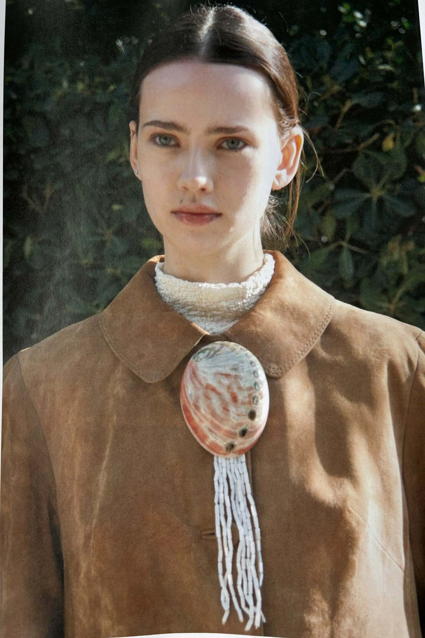 Full view of ABALONE handcrafted brooch displaying vintage abalone shell and decorative shell beads