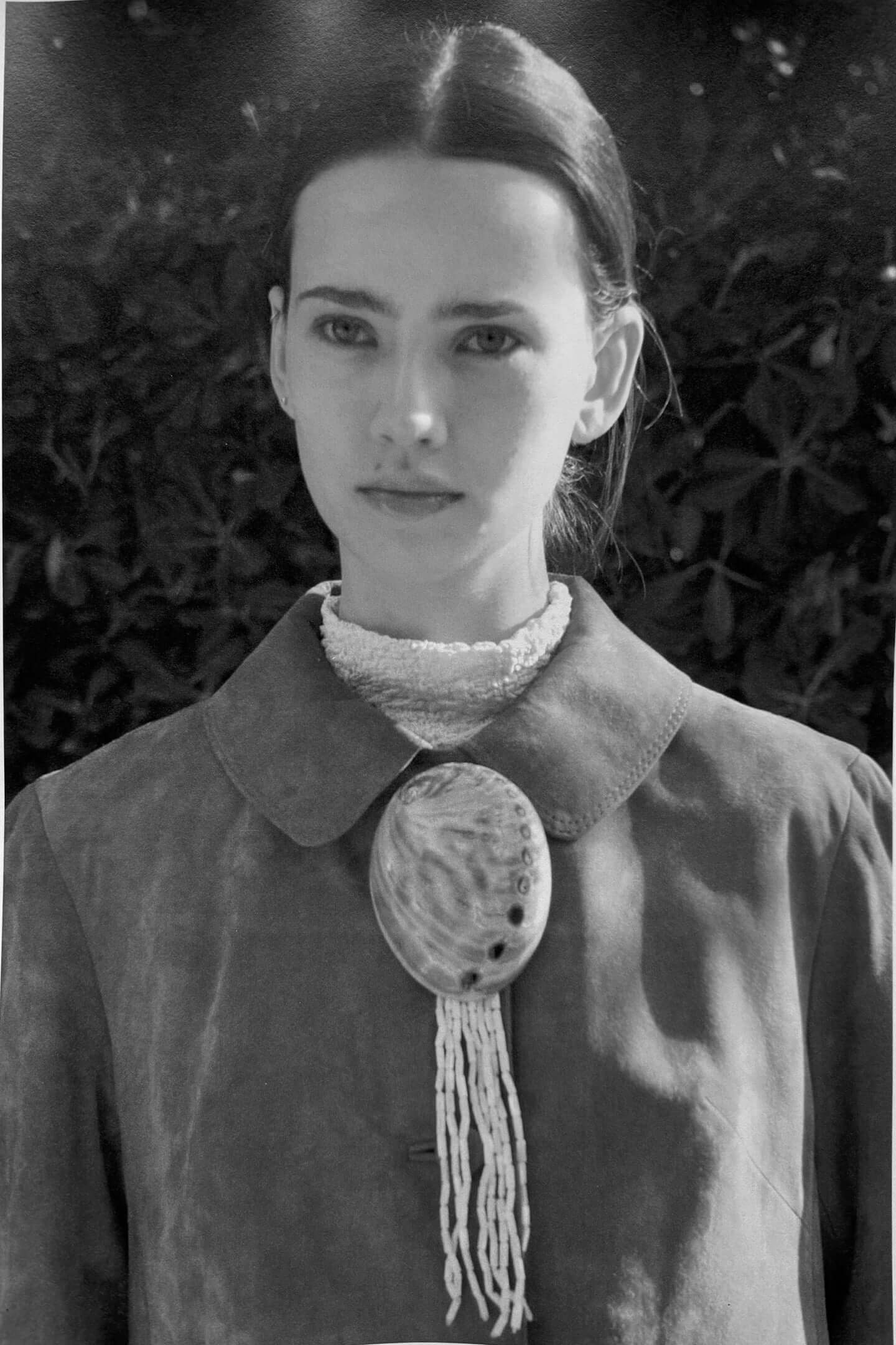 Close-up detail of ABALONE brooch showing vintage abalone shell iridescent surface and natural patterns